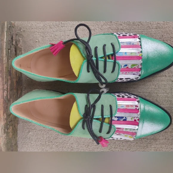Green Multicolor Handmade Leather Suede Cow Print Oxford Fringe Shoes Size 6-8.5 - Picture 8 of 13